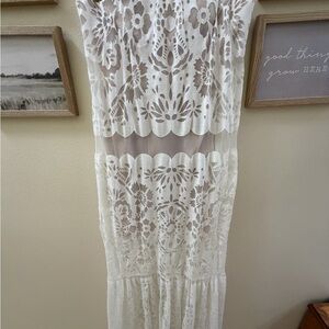 BCBGMaxAzria White Crochet Lace Dress with Nude Trim